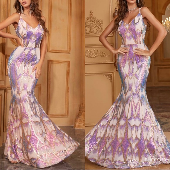 Luxurious Sequins Mermaid Cage Backless Prom Evening Party Formal Gown Dress - Picture 4 of 12